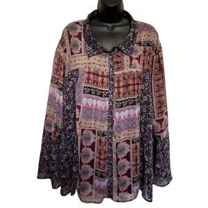 Maurices Bohemian Button Front Patchwork Peasant Blouse Bell Sleeves Sz 4X